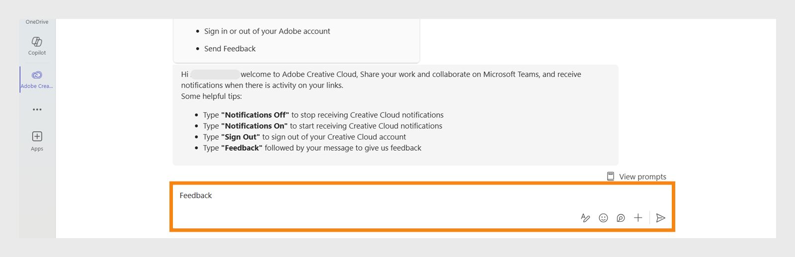 Gebruik het berichtvak onderaan in de Adobe Creative Cloud-chatbot om feedback te delen. 