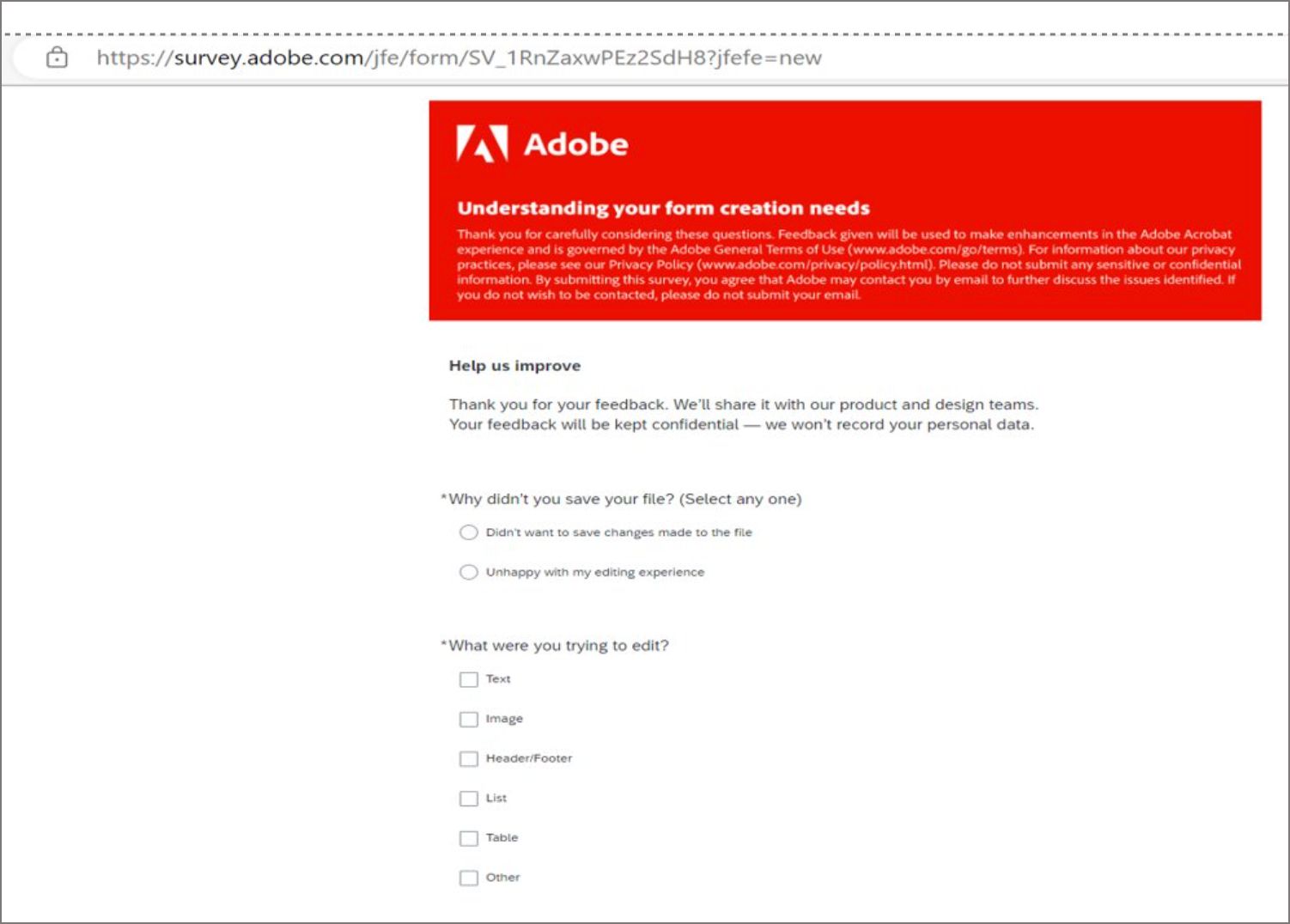 Feedbackformular til Adobe Express