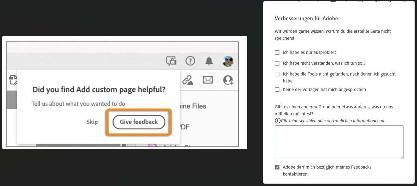 Feedback-Formular für Adobe Express