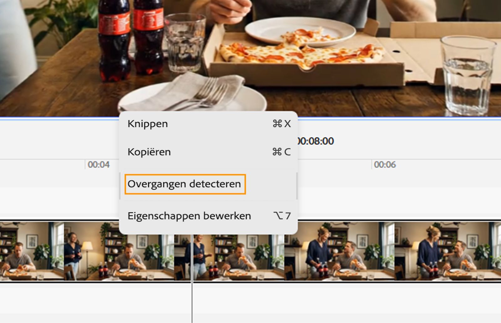 Het contextmenu toont een gemarkeerde optie Scènes splitsen voor het automatisch splitsen van een videoclip in scènes.