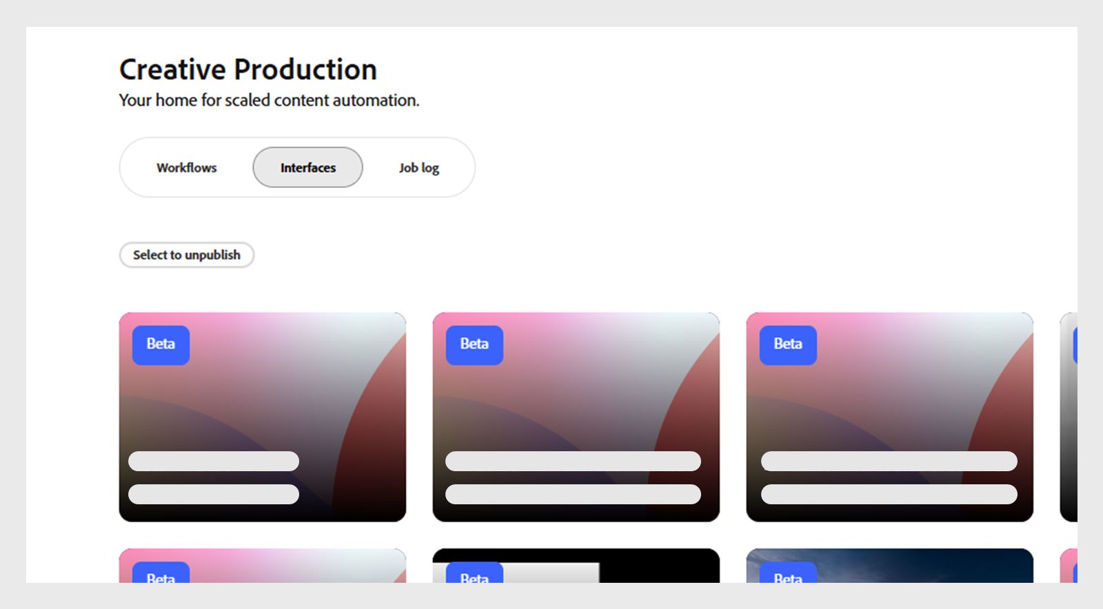 Het tabblad Interfaces op de startpagina van Creatieve productie met de interfaces die door auteurs zijn gepubliceerd.