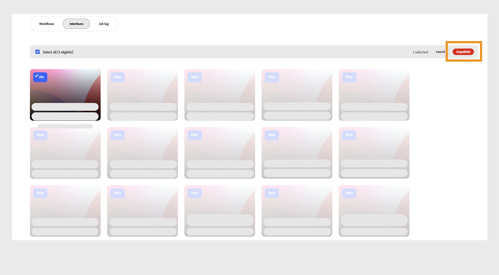 Het tabblad Interfaces met een geselecteerde gepubliceerde interface en de knop Publicatie ongedaan maken gemarkeerd.