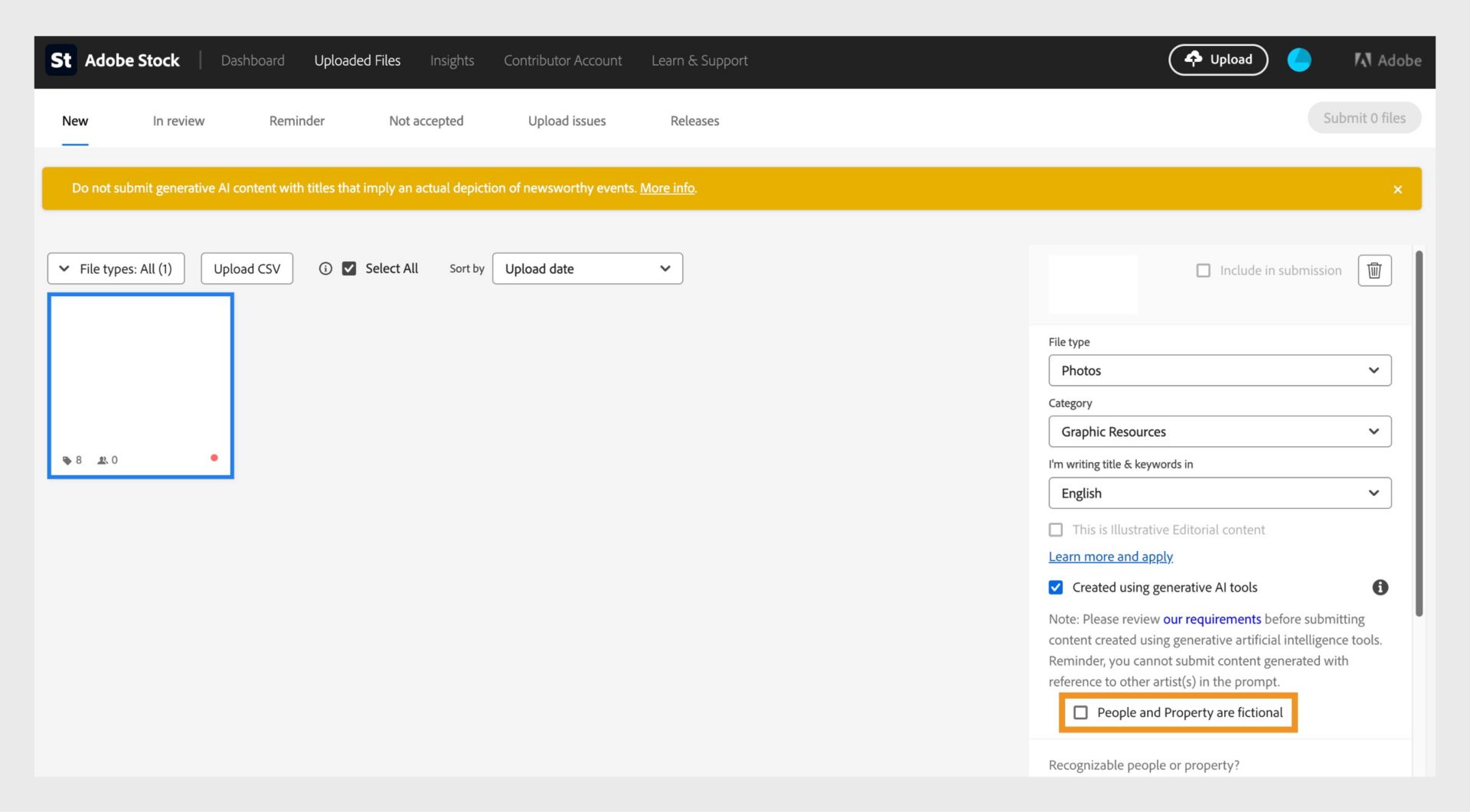 Screenshot des Adobe Stock Contributor-Metadaten-Bedienfelds mit der ausgewählten Option „Menschen und Eigentum sind fiktiv“ für Inhalte, die mit generativen KI-Tools erstellt wurden.