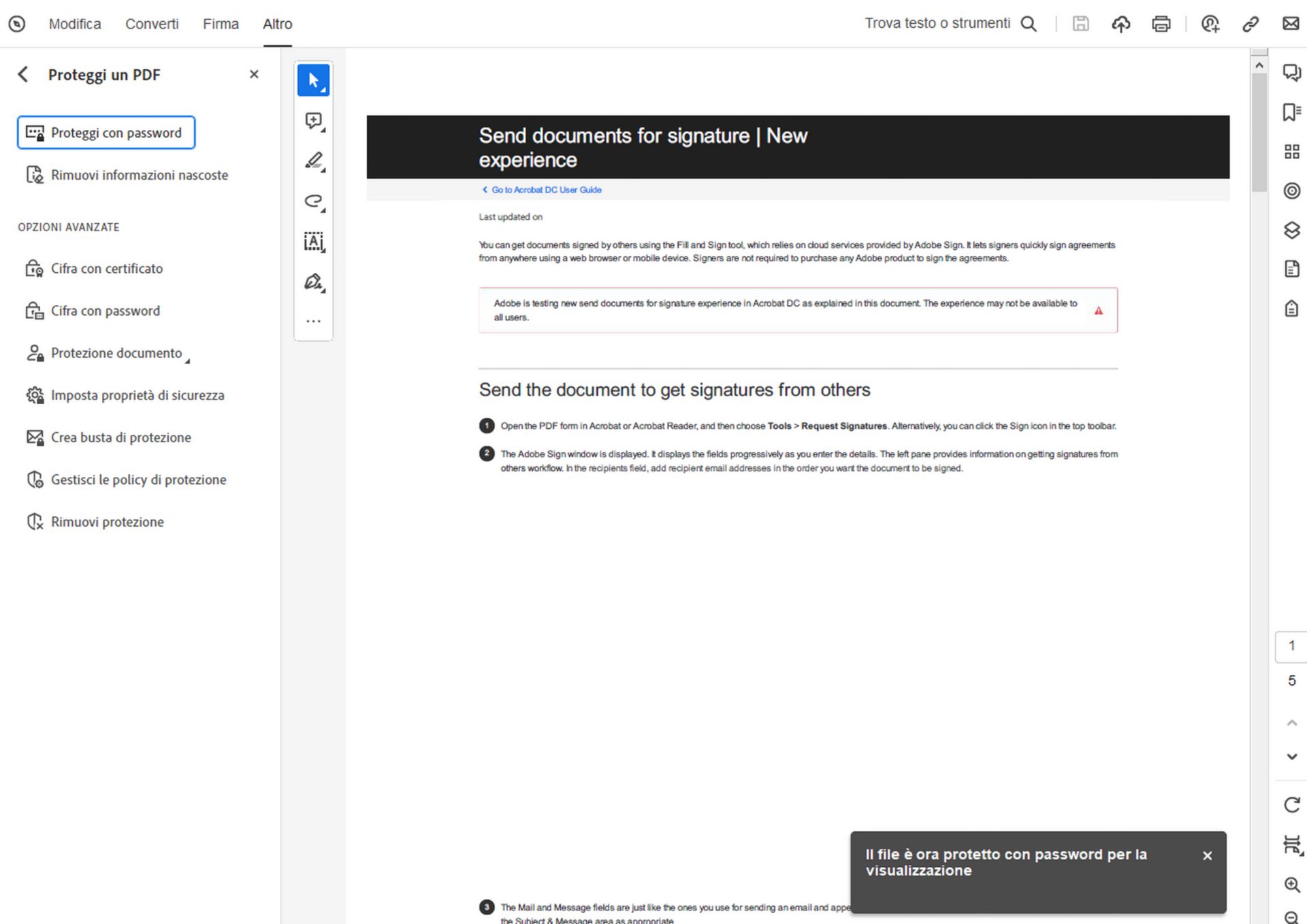 Messaggio di conferma limitazione modifica
