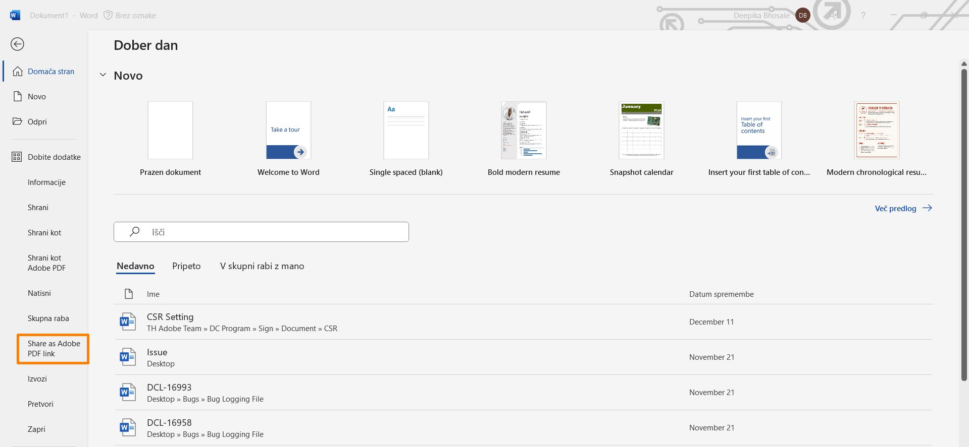 Ustvari PDF in deli povezavo