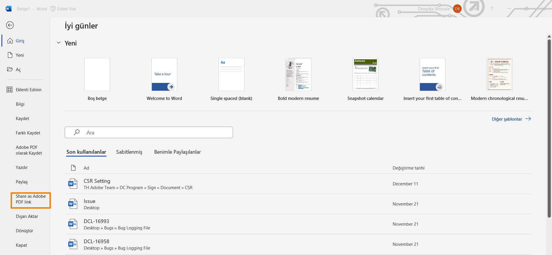 PDF oluşturma ve bağlantı paylaşma