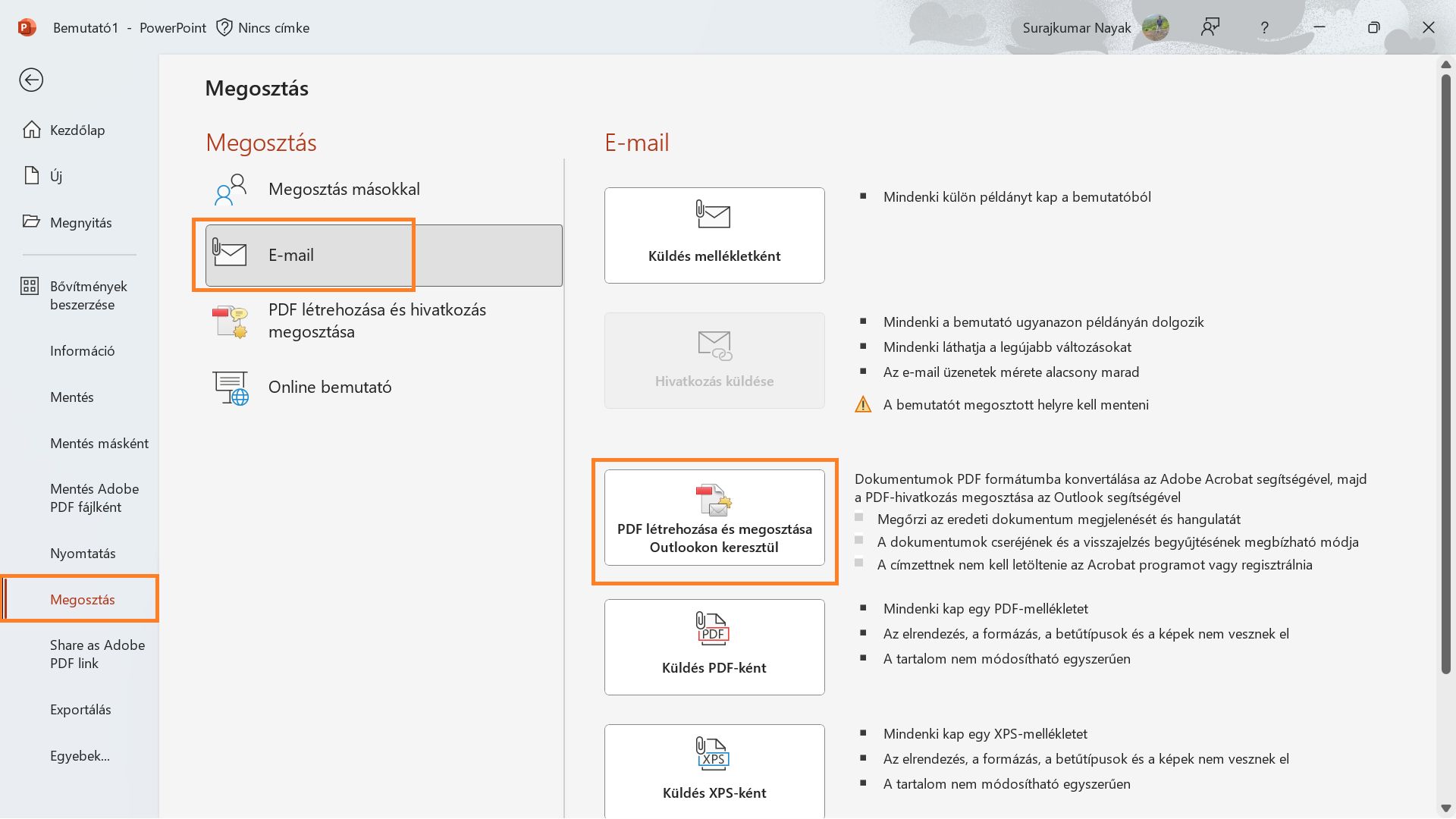 PDF létrehozása és megosztása Outlookon keresztül