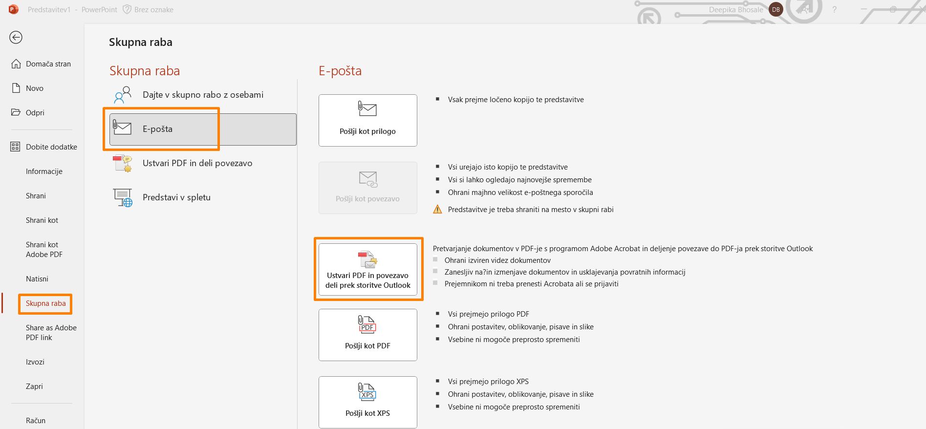 Ustvari PDF in povezavo deli prek storitve Outlook