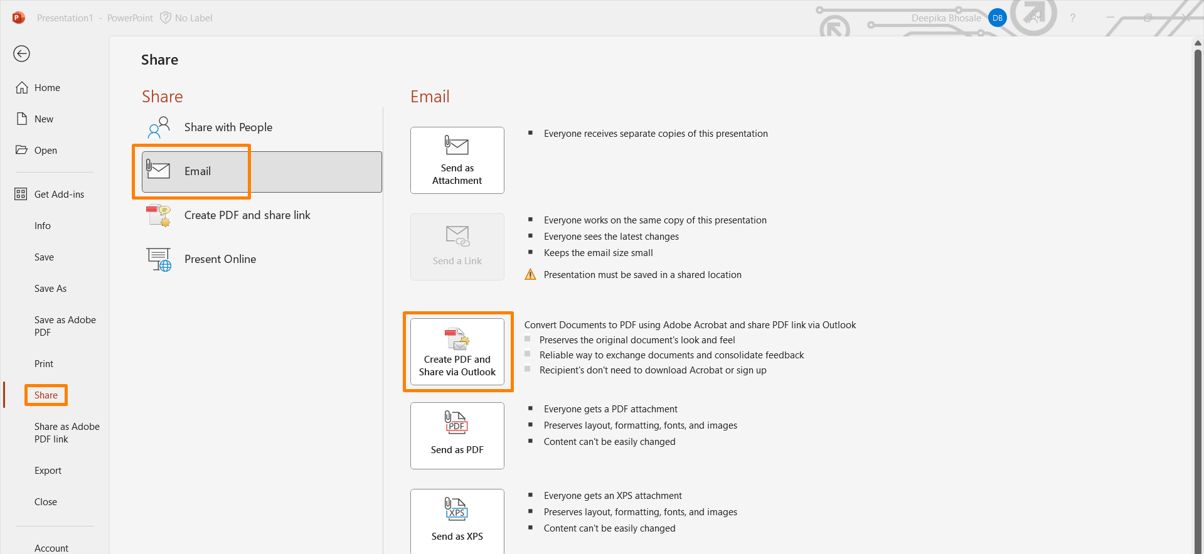 Создать PDF и поделиться через Outlook