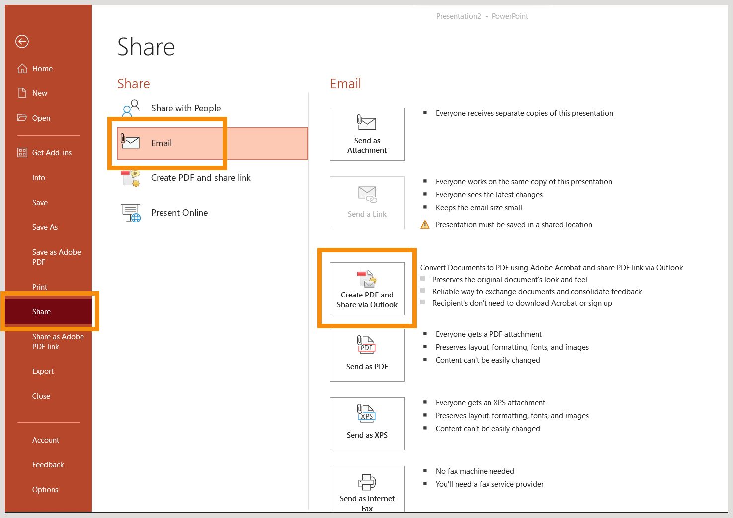 建立 PDF 並透過 Outlook 共用