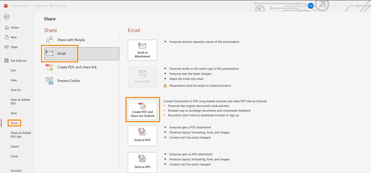 PDF를 만들고 Outlook을 통해 공유