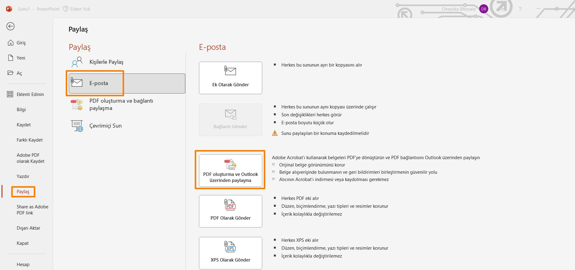 PDF oluşturma ve Outlook üzerinden paylaşma