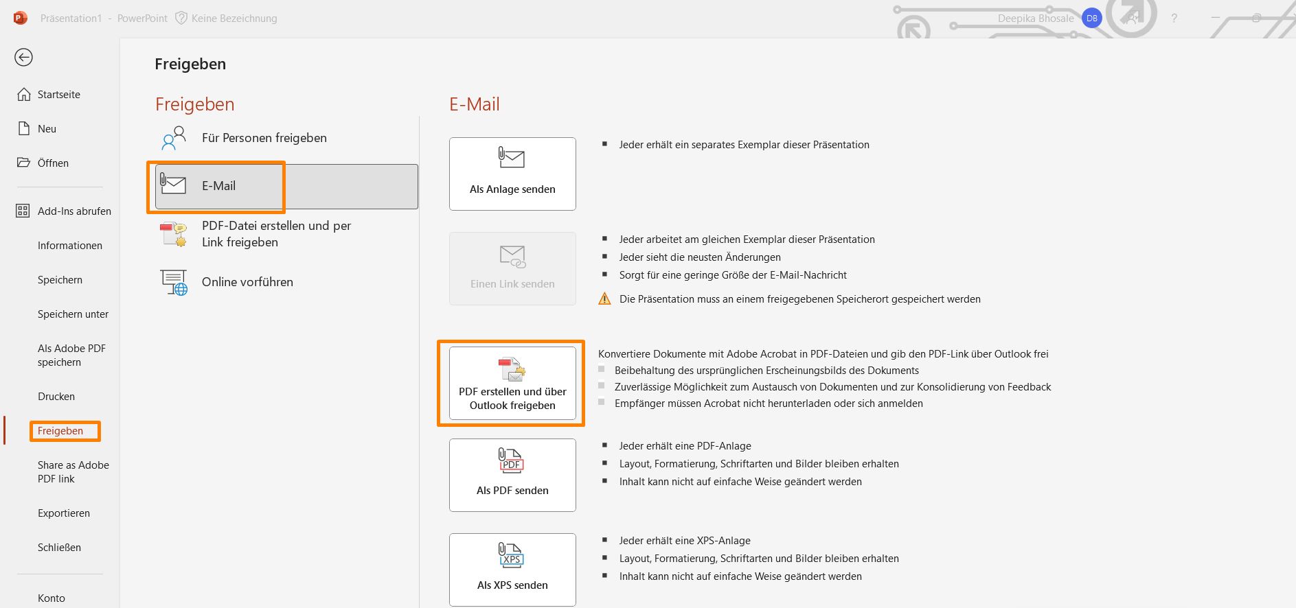 Erstellen von PDF-Dateien und Freigeben der Dateien über Outlook