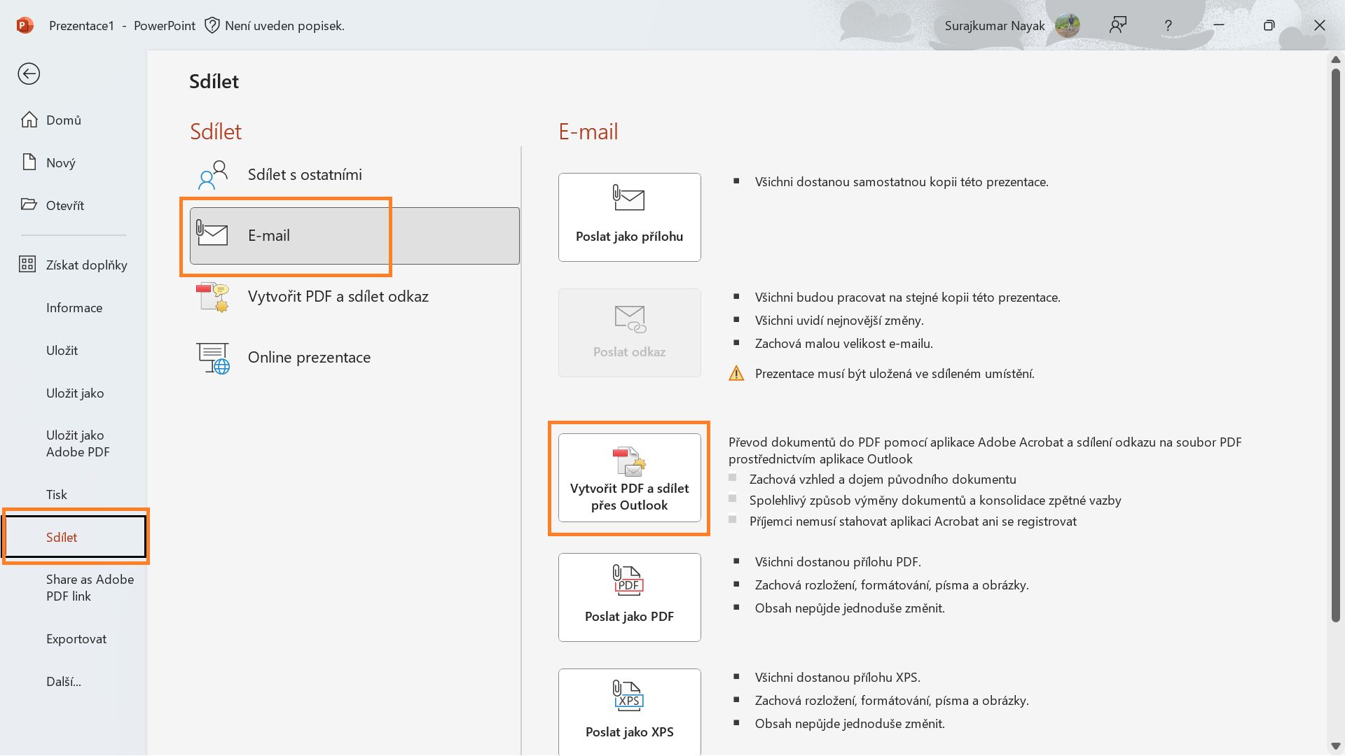 Vytvořit PDF a sdílet přes Outlook