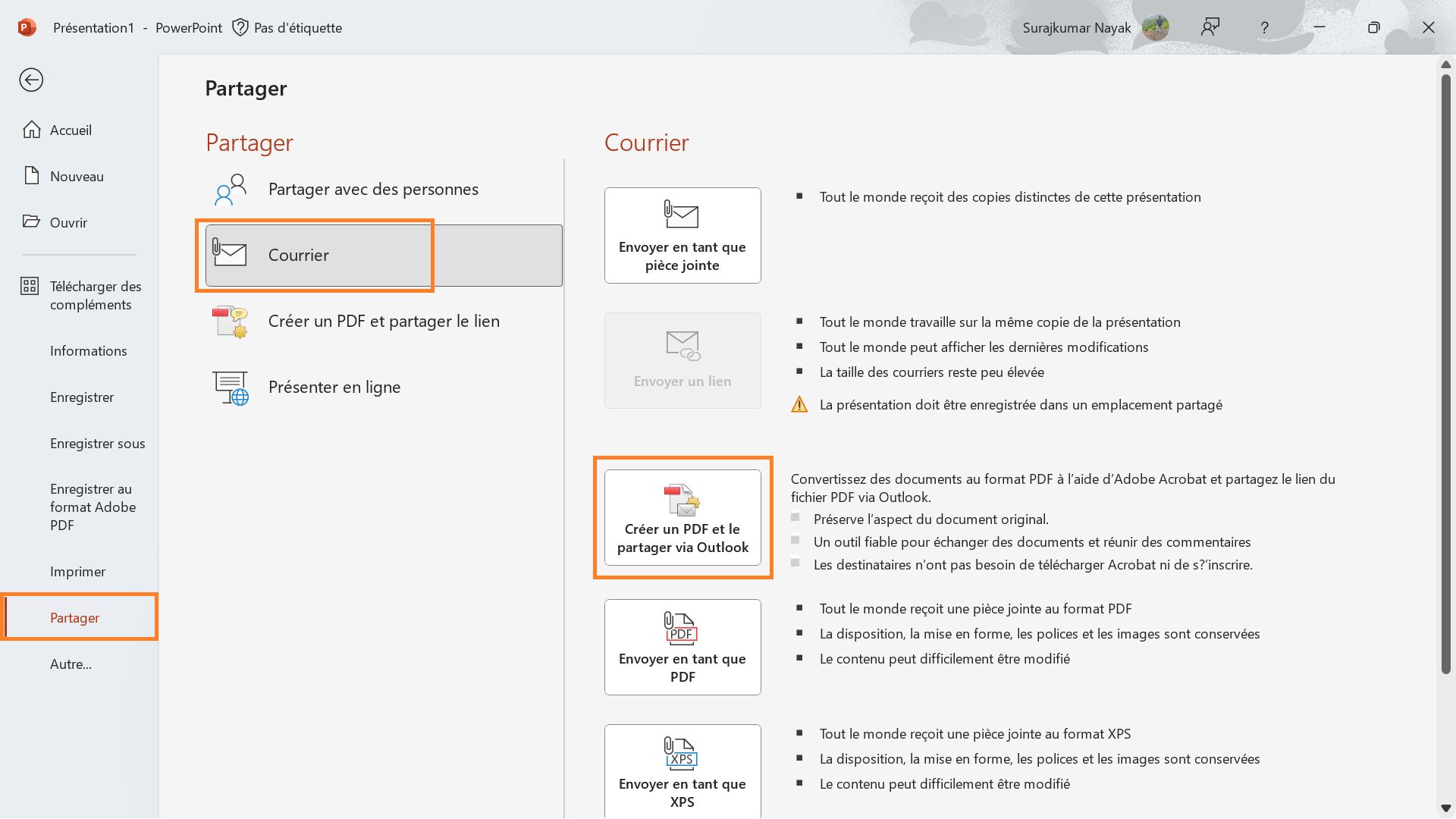 Créer un PDF et le partager via Outlook