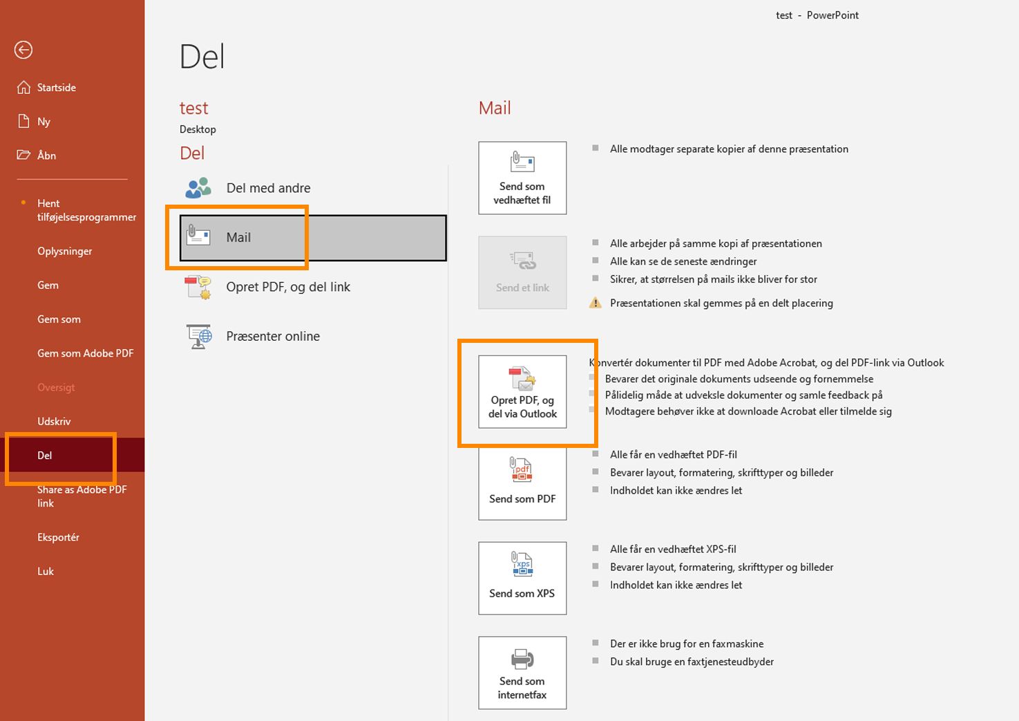 Opret PDF, og del via Outlook