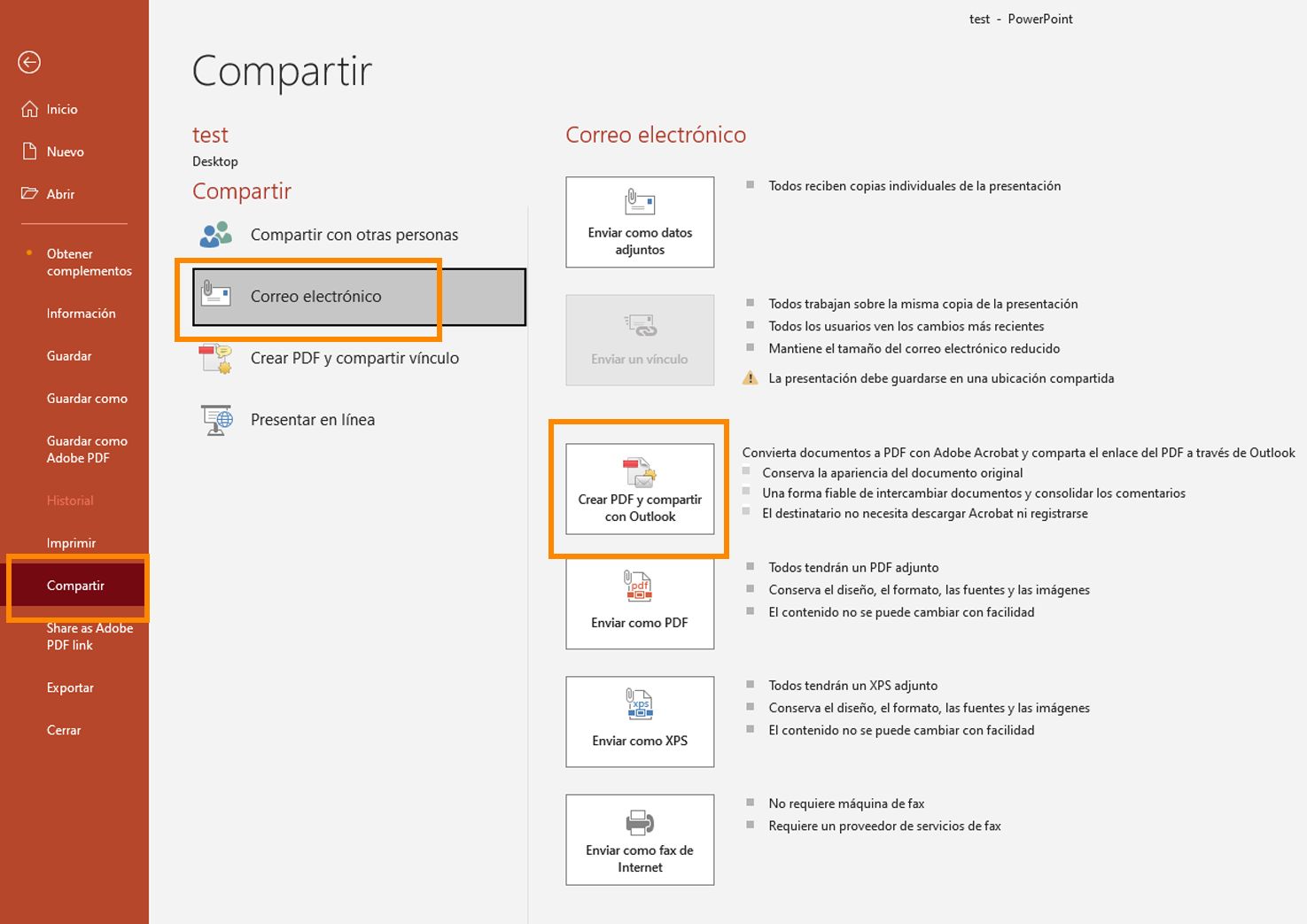 Crear PDF y compartir con Outlook