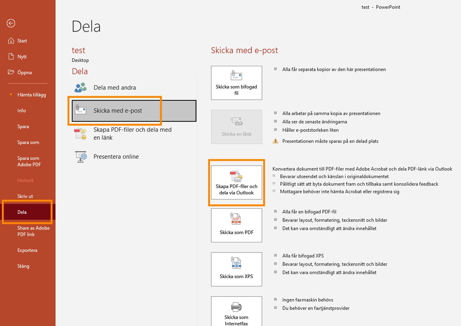 Skapa PDF-filer och dela via Outlook