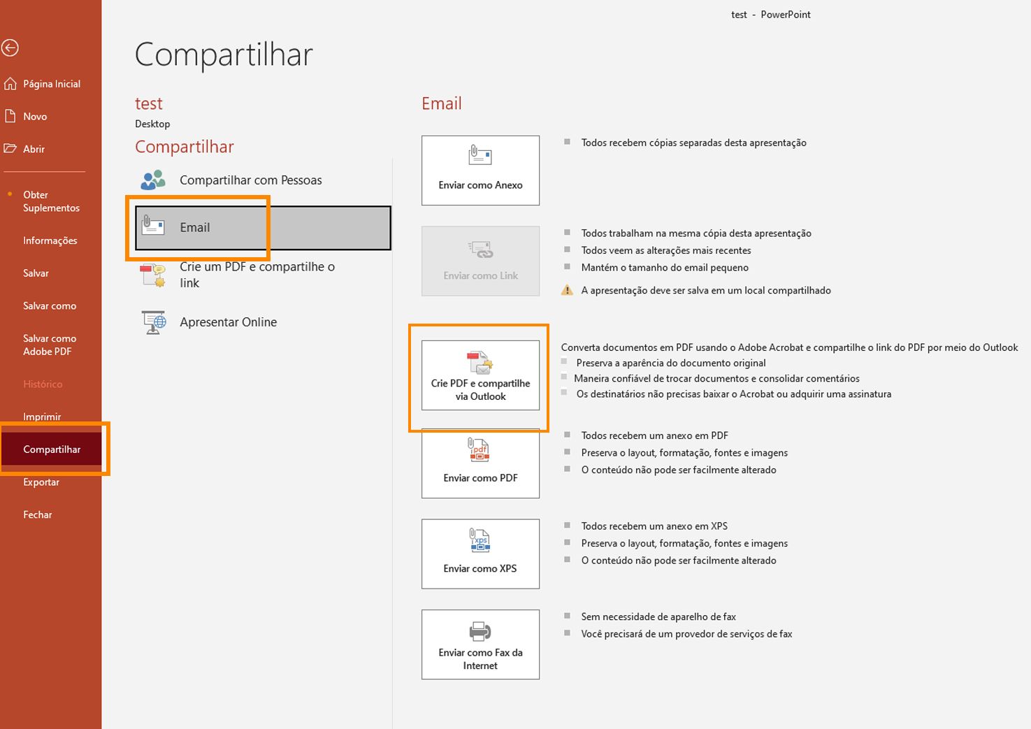 Criar PDF e compartilhar via Outlook