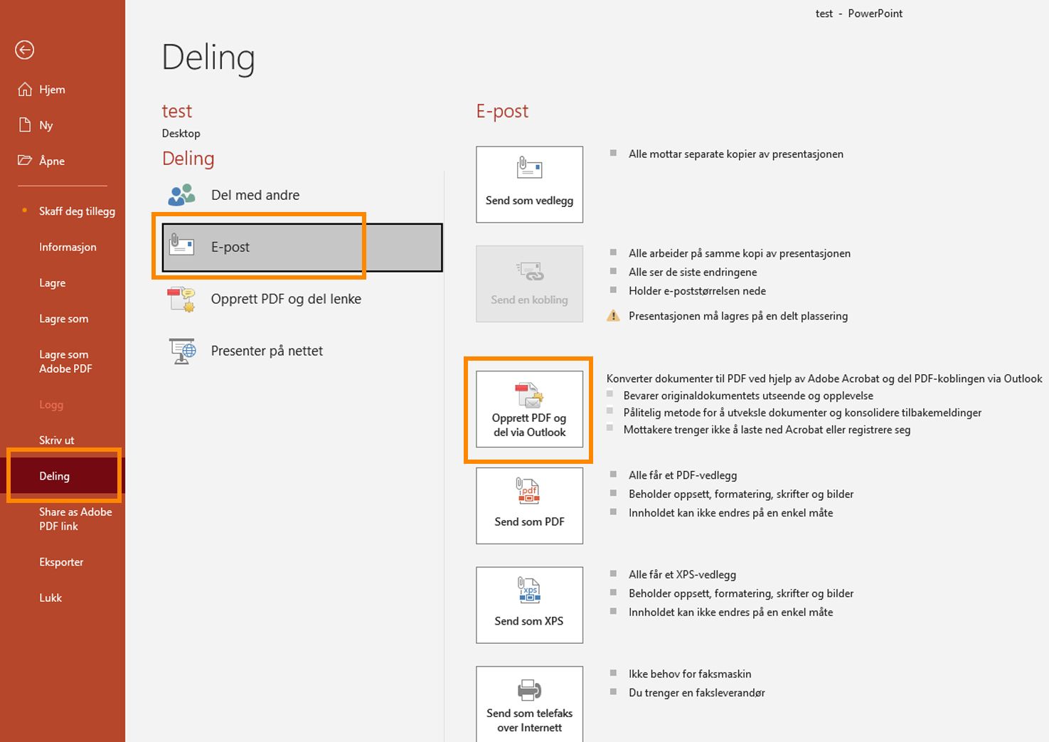 Opprett PDF og del via Outlook