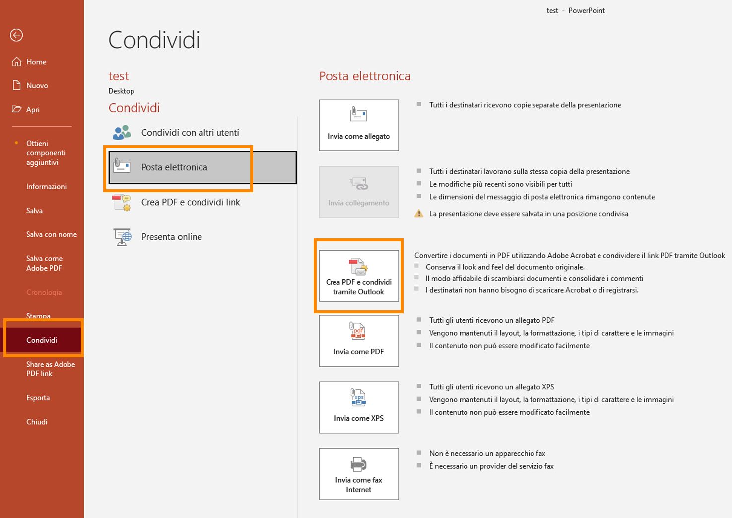 Crea PDF e condividi tramite Outlook