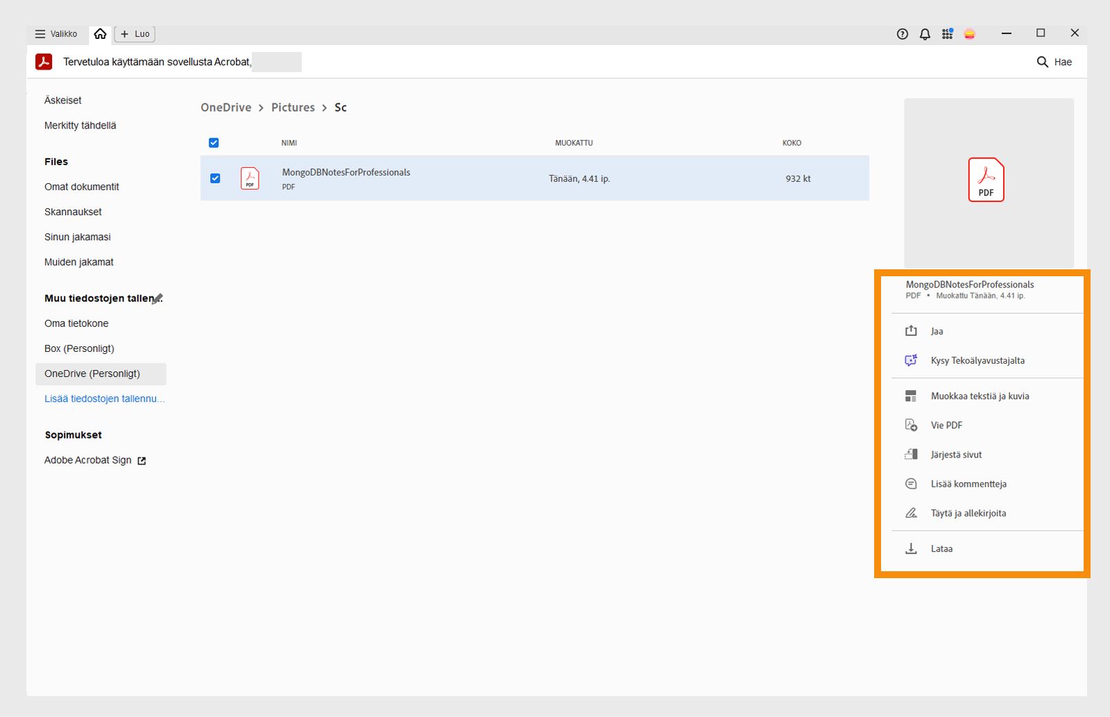 OneDrive-tiedostot aloitusnäkymässä