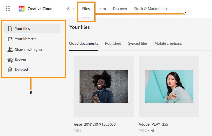 Onglet Fichiers du site web de Creative Cloud