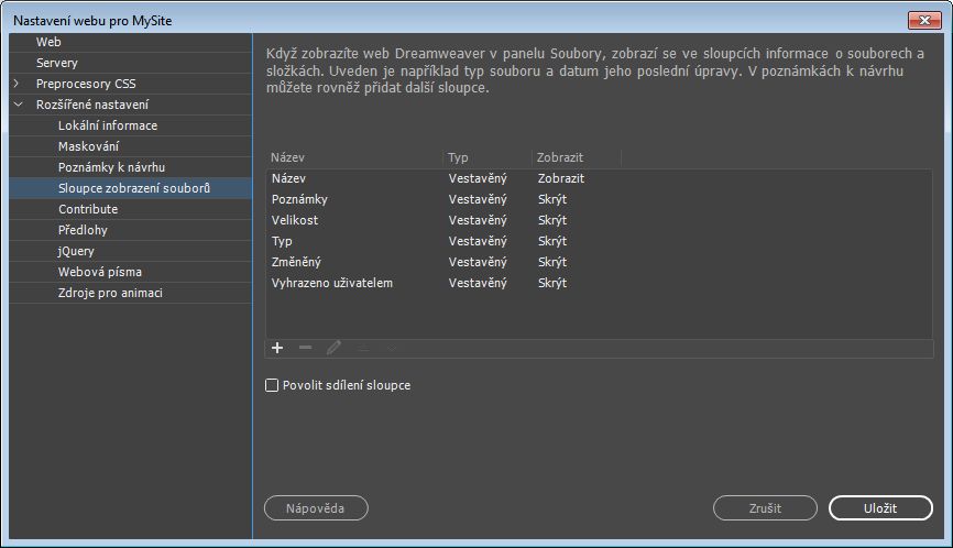 Přizpůsobení sloupců zobrazení souboru v dialogovém okně Správa webových míst > Rozšířená nastavení > Sloupce zobrazení souborů