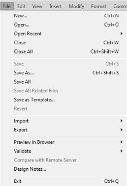 خيارات القائمة File في Dreamweaver CC