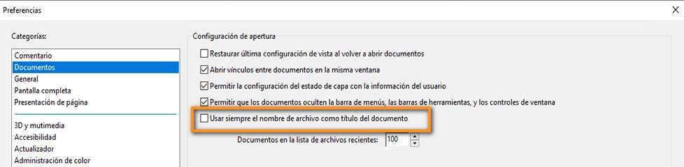 Preferencia para utilizar el nombre de archivo como título del documento
