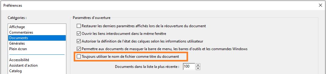 Préférence d’utilisation du nom de fichier comme titre du document