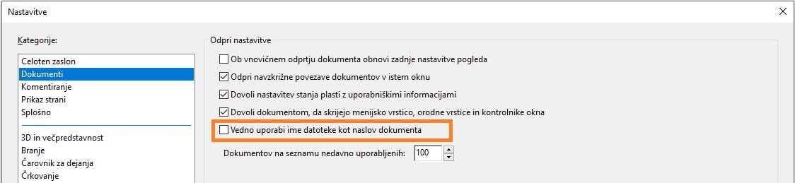 Nastavitve, da uporabite ime datoteke kot naslov dokumenta