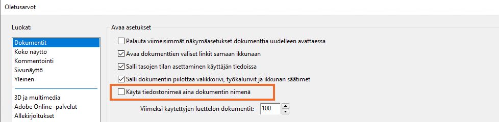 Asetus, jolla tiedostonimeä voi käyttää dokumentin nimenä