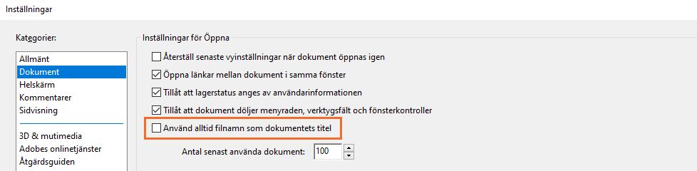 Inställning för att använda filnamn som dokumenttitel