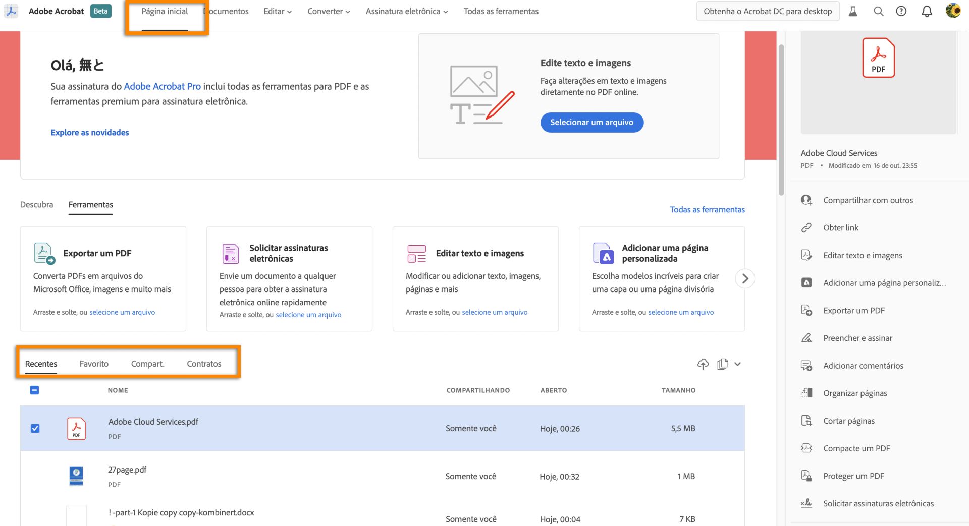 Seus arquivos armazenados na Adobe Document Cloud