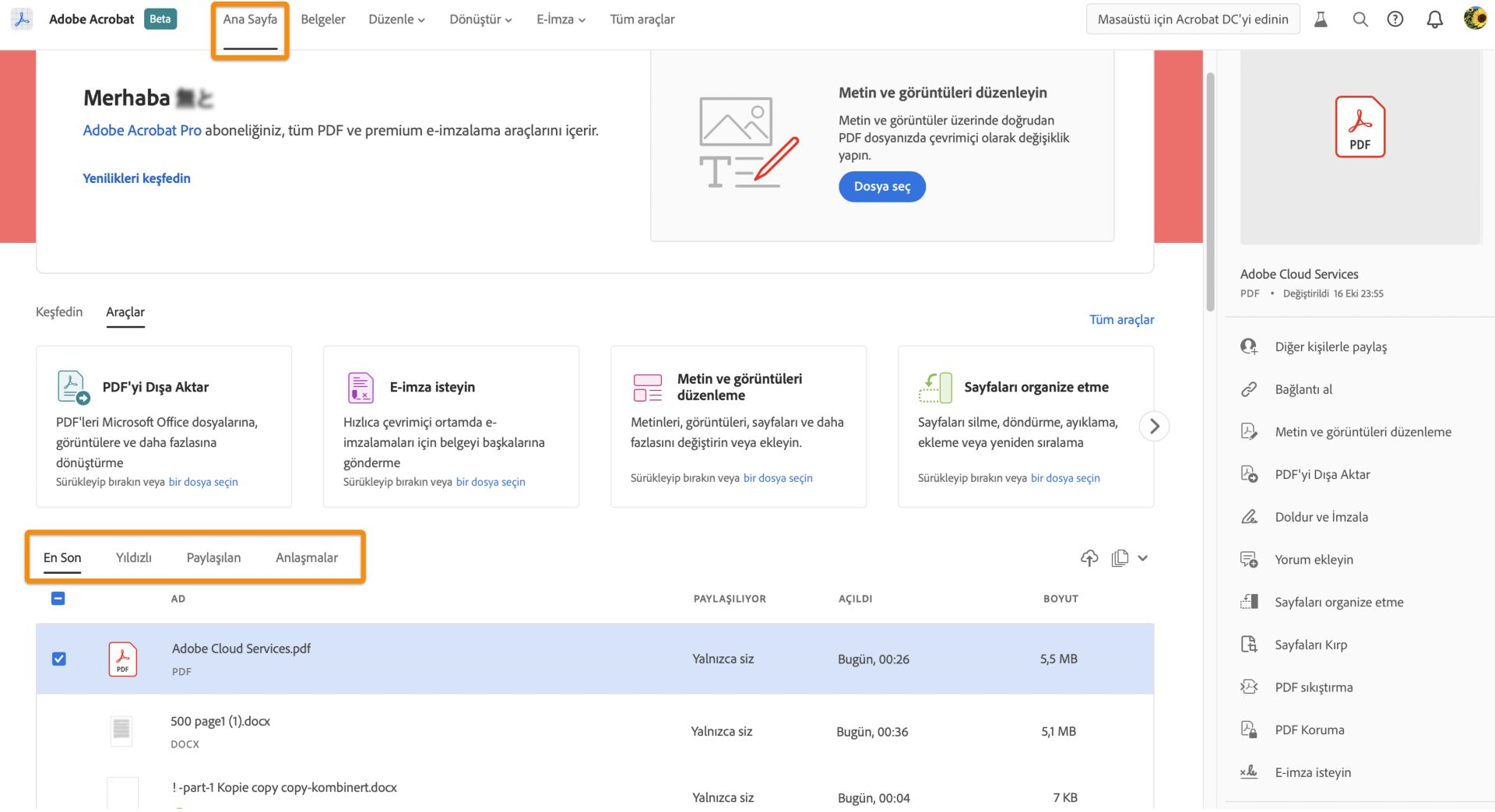 Adobe Document Cloud'da saklanan dosyalarınız