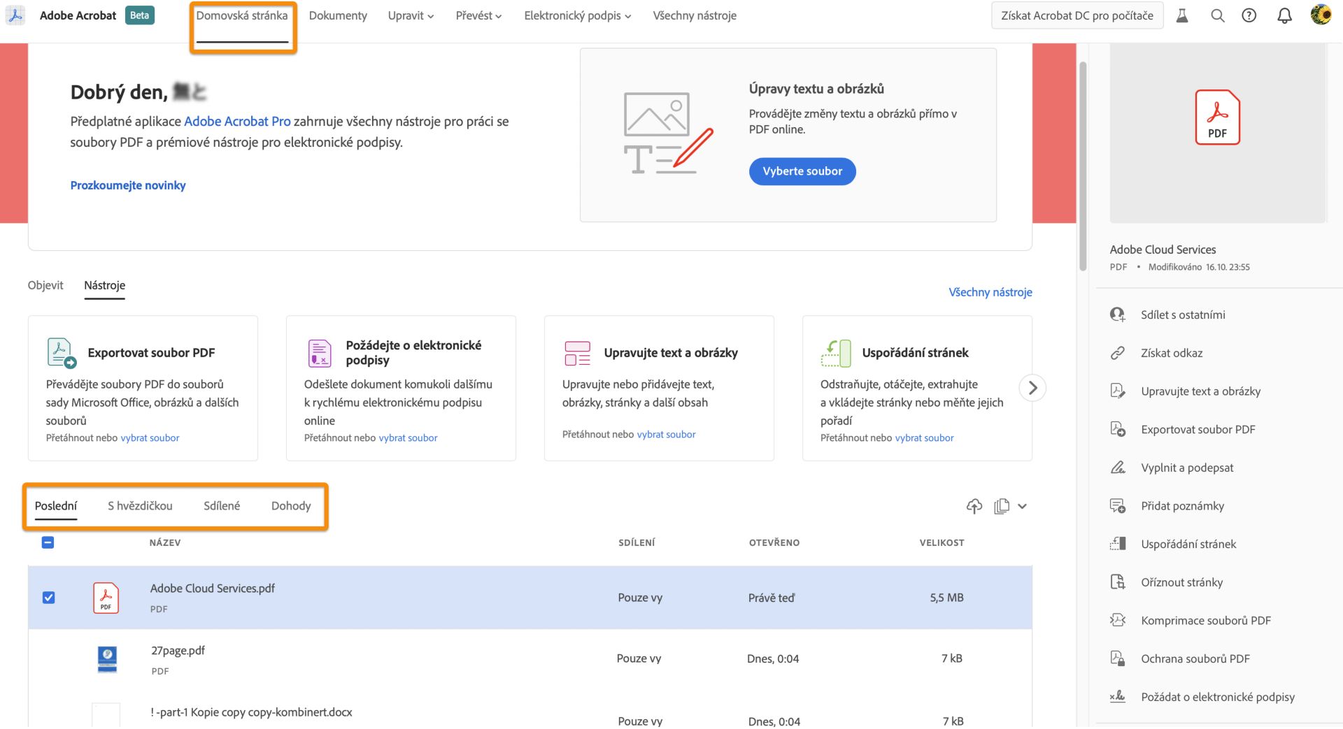 Vaše soubory uložené ve službě Adobe Document Cloud