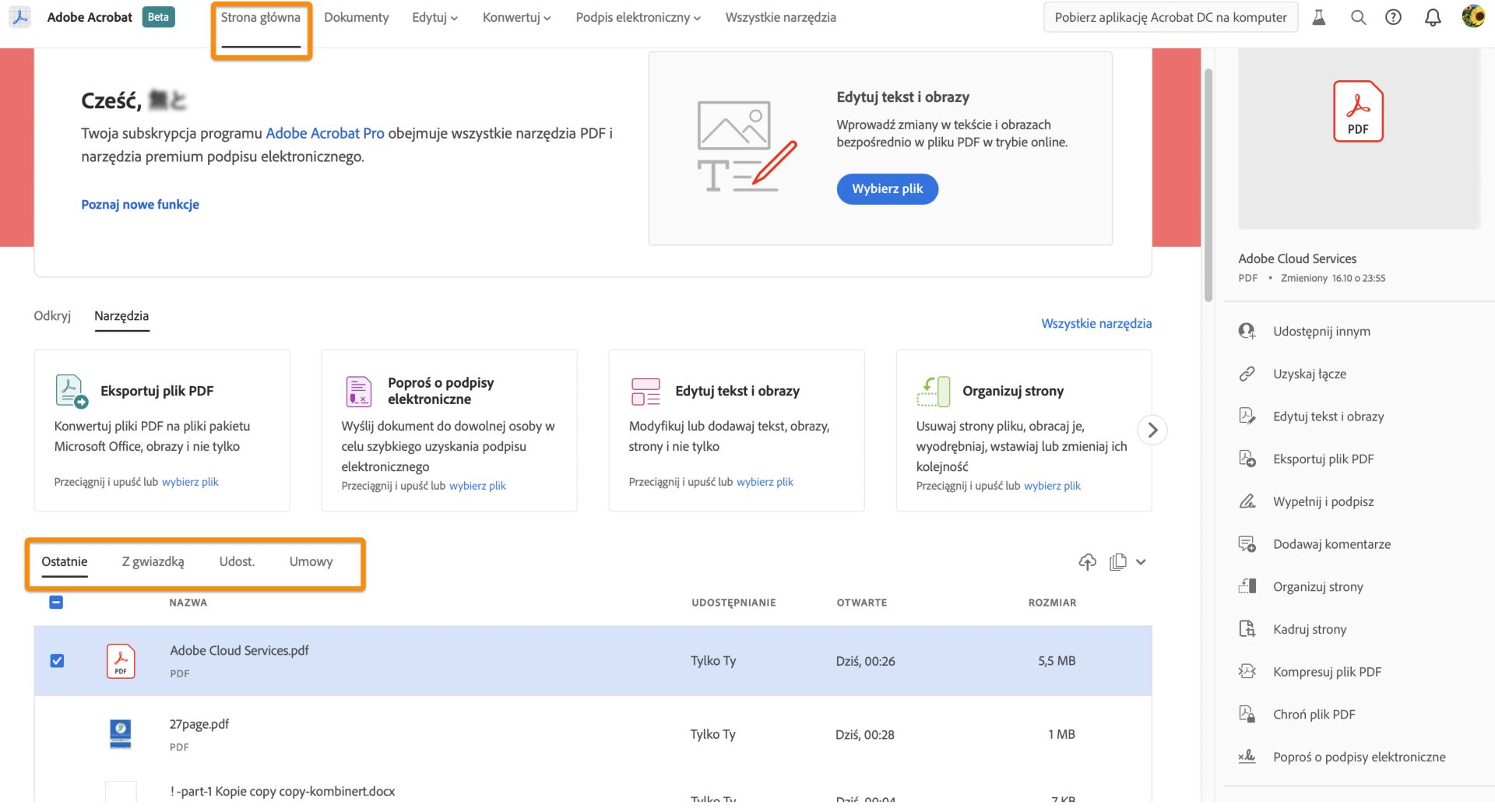 Twoje pliki przechowywane w usłudze Adobe Document Cloud