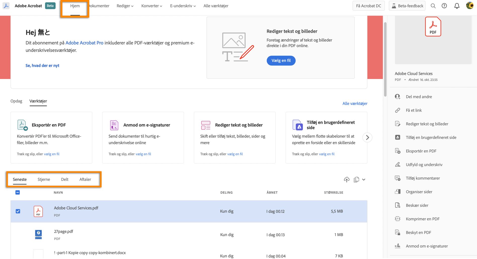 Dine filer, der er gemt i Adobe Document Cloud