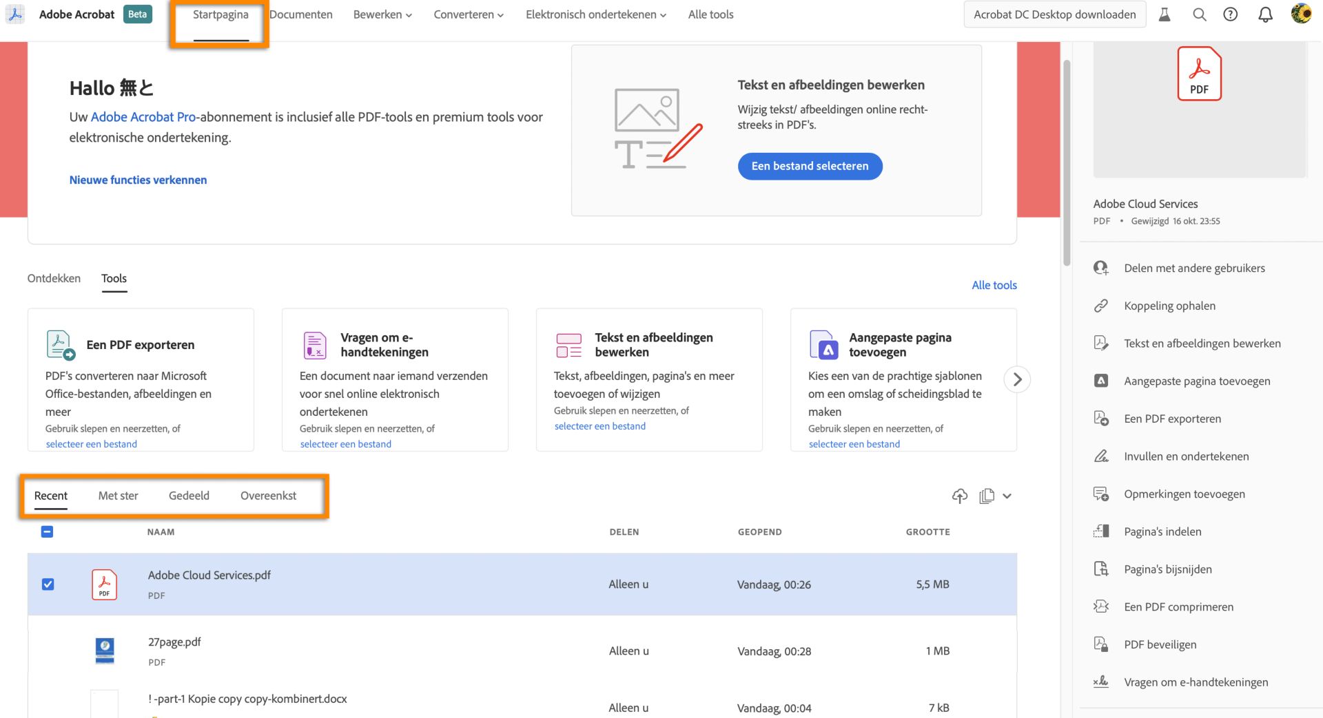 Uw bestanden worden opgeslagen in Adobe Document Cloud