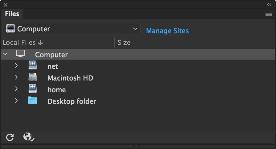 شكل لوحة Files عند عدم تعريف أي موقع في Dreamweaver