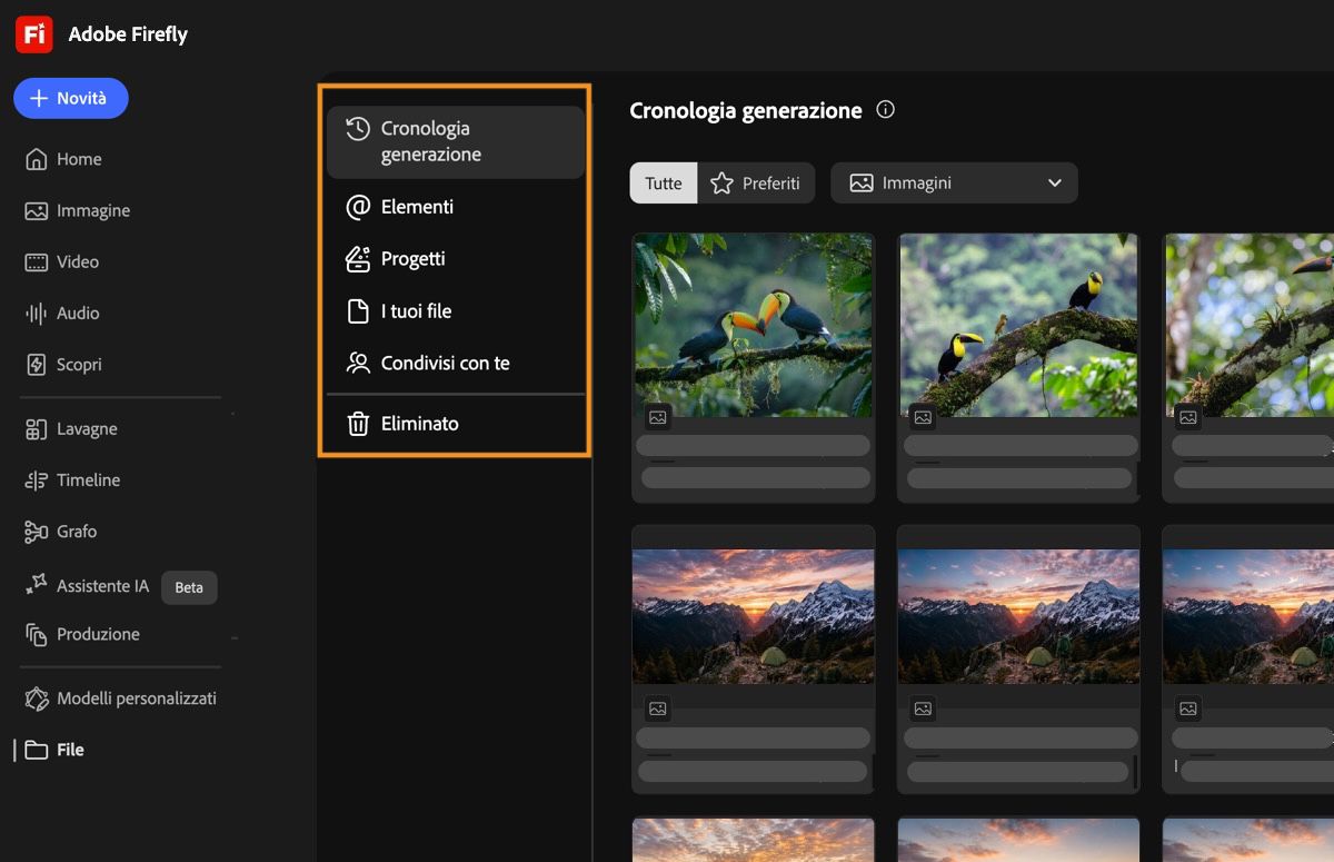 La pagina Le tue risorse di Firefly mostra varie schede come I tuoi file, Condivisi con te, Progetti, Preferiti, Kit di stile ed Eliminati