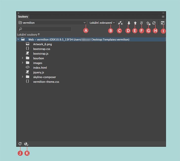 Vzhled panelu Soubory, když je definován web, nastaveno připojení ke vzdálenému serveru a povoleno zpřístupňování a vyhrazování