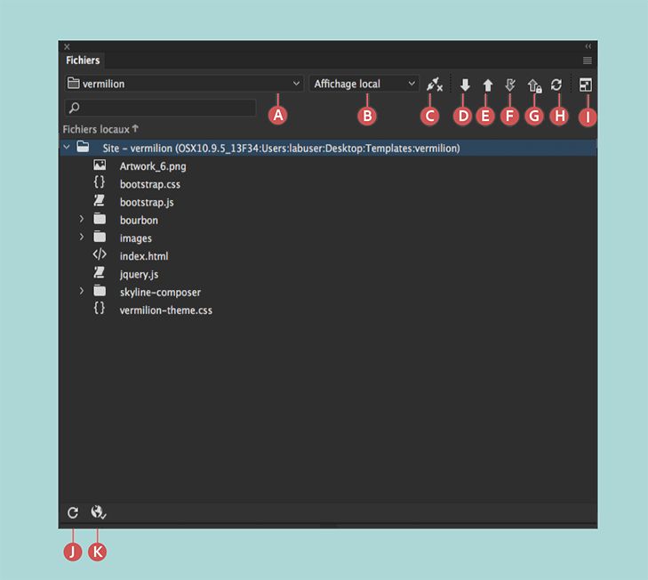 Panneau Fichiers lorsqu’un site et les connexions aux serveurs distants sont définis et que la fonction d’archivage/extraction est activée