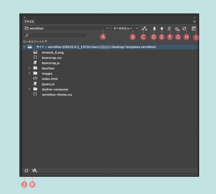 サイト、リモートサーバーへの接続およびチェックインとチェックアウトが有効になっている場合のファイルパネル