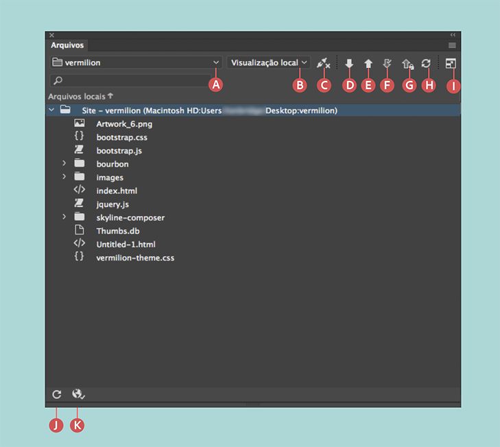 Painel Arquivos quando um site, as conexões para servidores remotos e a devolução e retirada são ativados