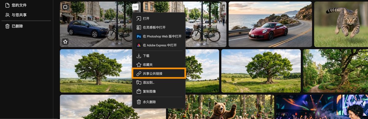 Firefly“生成历史记录”选项卡显示资源的上下文菜单，并突出显示了“共享公共链接”选项。