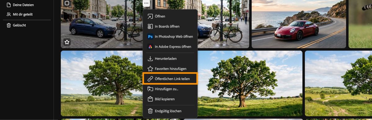 Die Registerkarte „Firefly-Generierungsverlauf“ zeigt das Kontextmenü eines Assets mit einer Hervorhebung der Option „Öffentlichen Link freigeben“.