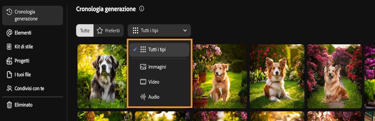 La scheda Cronologia generazione di Firefly include un menu a discesa per filtrare i tipi di generazione per immagine, video, audio o tutti.