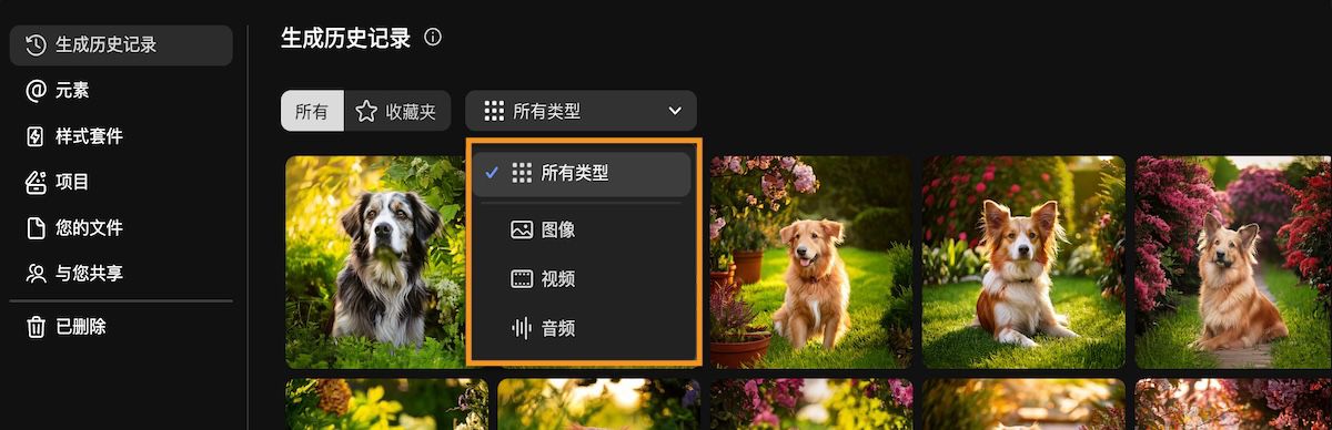 Firefly 的“生成历史记录”选项卡包含一个下拉菜单，可按图像、视频、音频或全部内容来筛选生成类型。